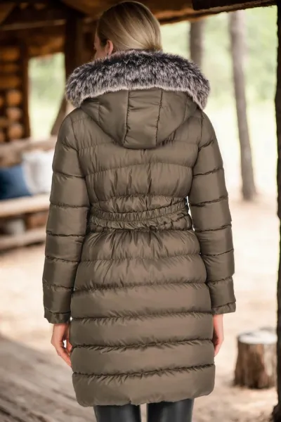 Z6690 DEWBERRY FUR HOODED LADIES' COAT-PLAIN KHAKI
