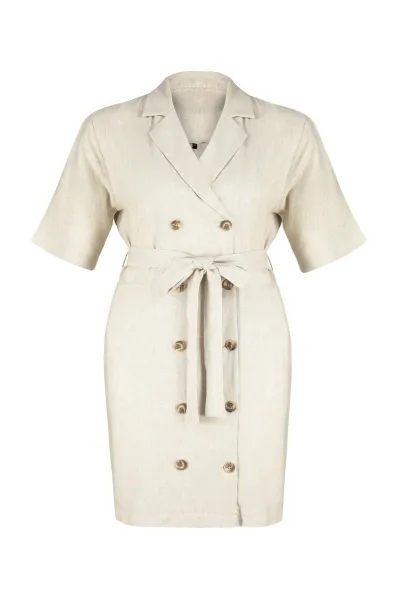 Trendyol Curve Beige Double Breasted Woven Jacket Linen Blend Dress