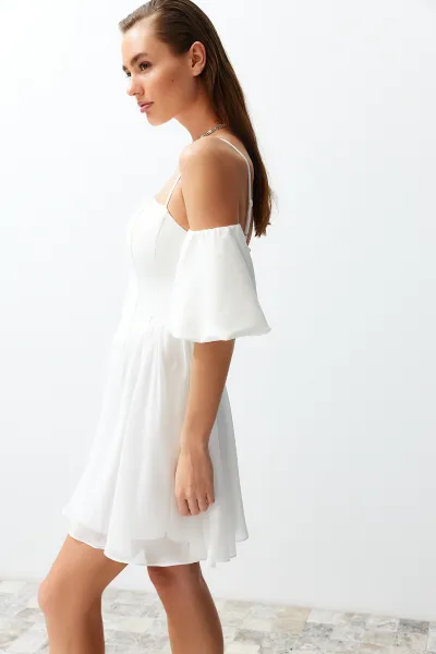 Trendyol Bridal White A-Cut Corset Detailed Woven Short Wedding/Wedding Elegant Evening Dress