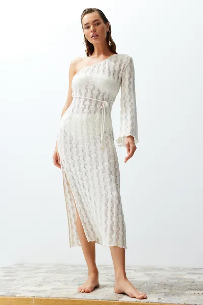 Trendyol Beige Belted Bodycon Knitwear Look One Shoulder Beach Dress