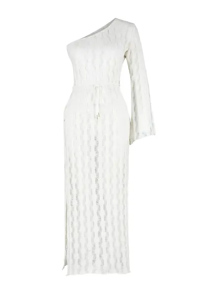 Trendyol Beige Belted Bodycon Knitwear Look One Shoulder Beach Dress