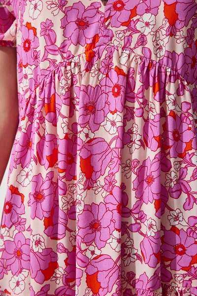 Happiness İstanbul Women's Pink Floral Summer Viscose Flared Dress