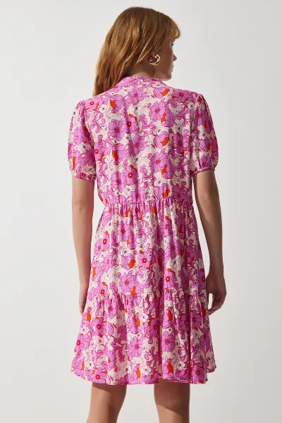 Happiness İstanbul Women's Pink Floral Summer Viscose Flared Dress