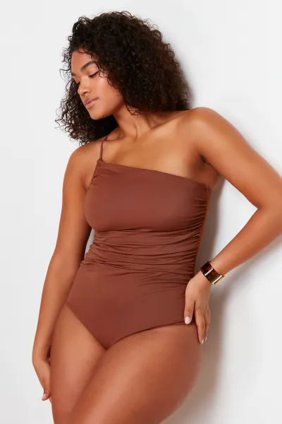 Trendyol Curve Brown One Shoulder Swimsuit