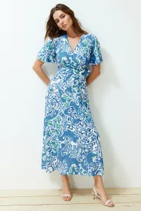 Trendyol Blue Floral Double Breasted Viscose Midi Woven Dress