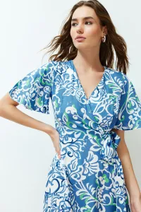 Trendyol Blue Floral Double Breasted Viscose Midi Woven Dress