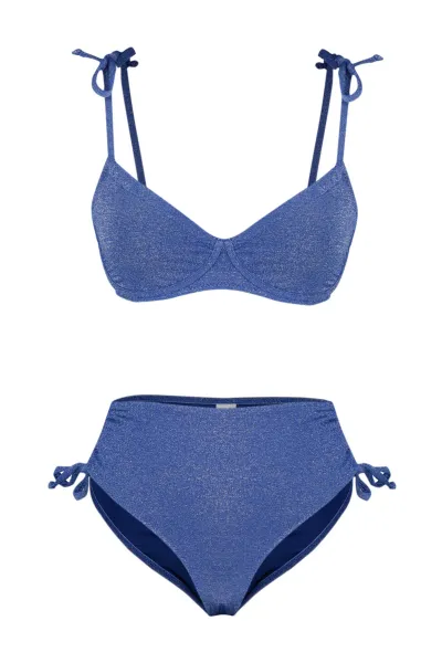 Trendyol Navy Blue Balconette Tie-Up Silvery High Waist Hipster Bikini Set
