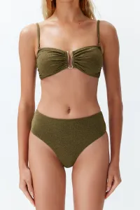 Trendyol trblietavý brazílsky bikiny set s vysokým pásom a vysokými nohavičkami s khaki bezramienkovými doplnkami