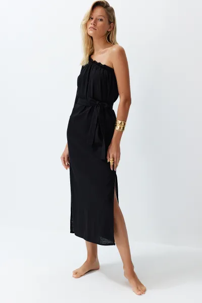 Trendyol Black Belted Maxi Woven Linen Blend One Shoulder Beach Dress