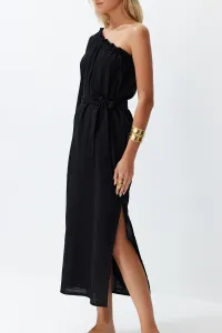 Trendyol Black Belted Maxi Woven Linen Blend One Shoulder Beach Dress