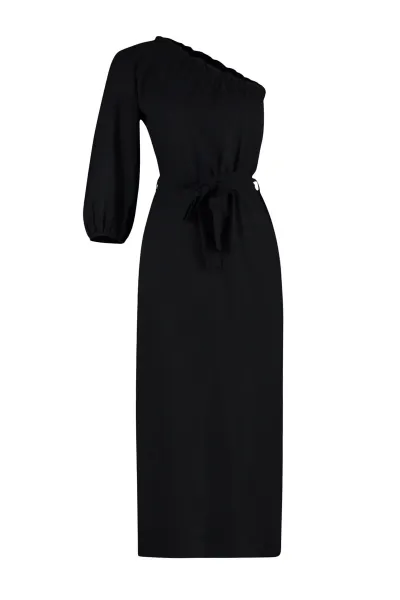 Trendyol Black Belted Maxi Woven Linen Blend One Shoulder Beach Dress