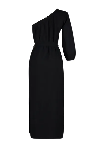 Trendyol Black Belted Maxi Woven Linen Blend One Shoulder Beach Dress