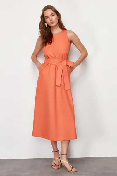 Trendyol Orange Belted 100% Cotton Poplin Pocket Midi Woven Dress
