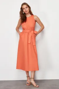Trendyol Orange Belted 100% Cotton Poplin Pocket Midi Woven Dress