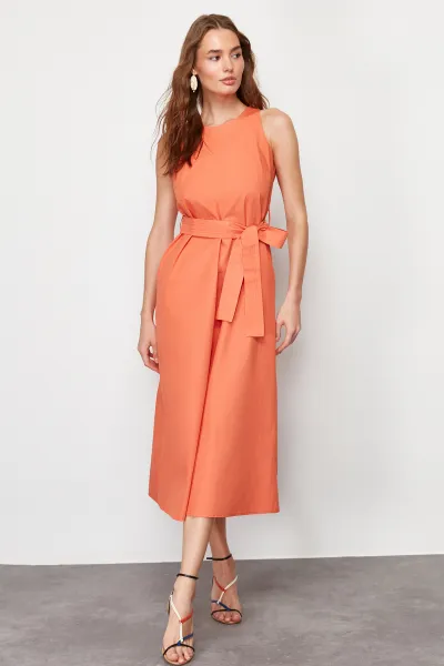 Trendyol Orange Belted 100% Cotton Poplin Pocket Midi Woven Dress