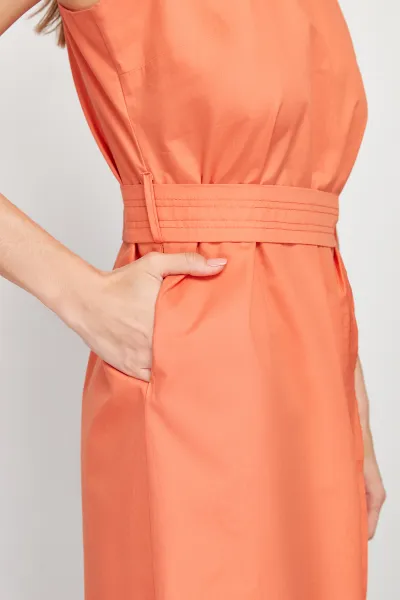 Trendyol Orange Belted 100% Cotton Poplin Pocket Midi Woven Dress