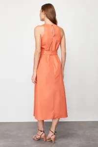 Trendyol Orange Belted 100% Cotton Poplin Pocket Midi Woven Dress