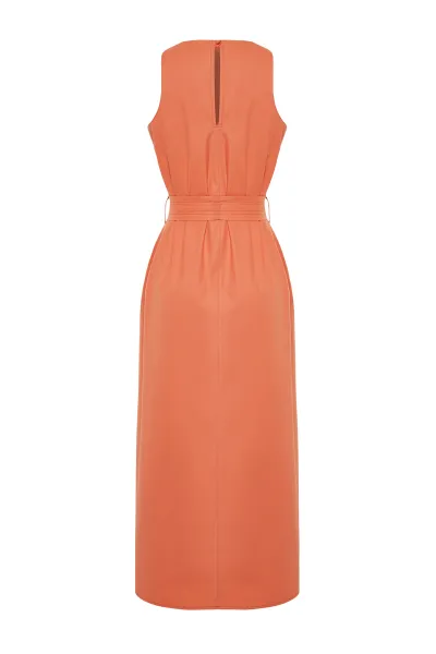 Trendyol Orange Belted 100% Cotton Poplin Pocket Midi Woven Dress