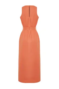 Trendyol Orange Belted 100% Cotton Poplin Pocket Midi Woven Dress