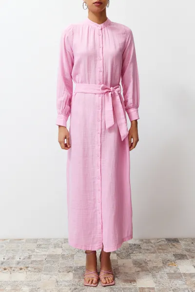 Trendyol Pink Judge Collar Belted Buttoned Woven Shirt Dress