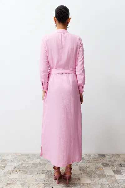 Trendyol Pink Judge Collar Belted Buttoned Woven Shirt Dress