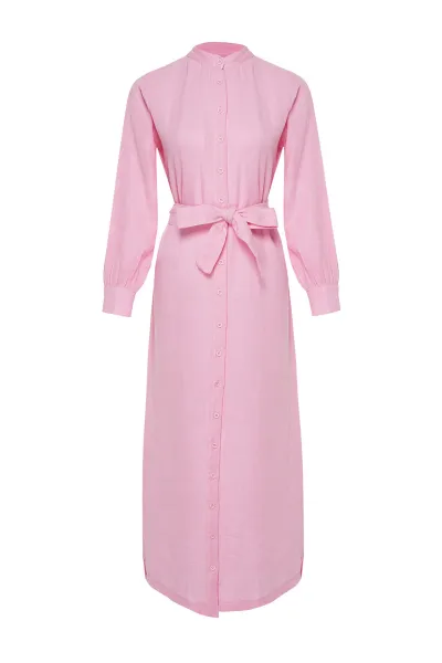 Trendyol Pink Judge Collar Belted Buttoned Woven Shirt Dress