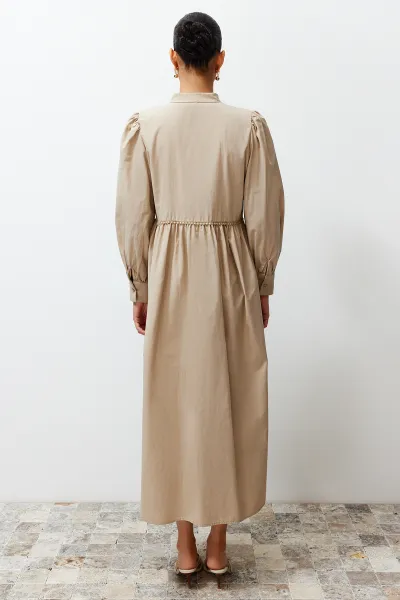 Trendyol Mink High Neck Balloon Sleeve Button and Piping Detailed Woven Dress