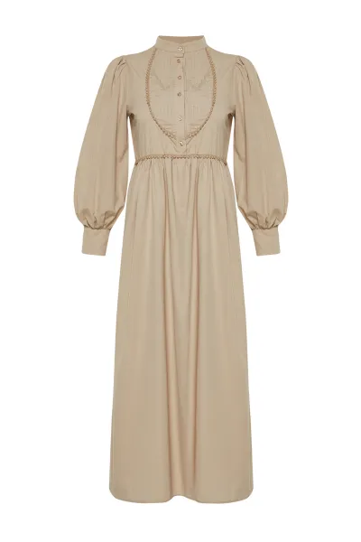 Trendyol Mink High Neck Balloon Sleeve Button and Piping Detailed Woven Dress