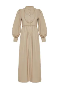 Trendyol Mink High Neck Balloon Sleeve Button and Piping Detailed Woven Dress