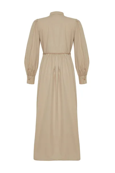 Trendyol Mink High Neck Balloon Sleeve Button and Piping Detailed Woven Dress