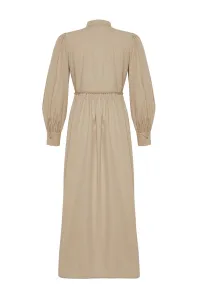 Trendyol Mink High Neck Balloon Sleeve Button and Piping Detailed Woven Dress