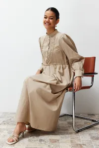 Trendyol Mink High Neck Balloon Sleeve Button and Piping Detailed Woven Dress