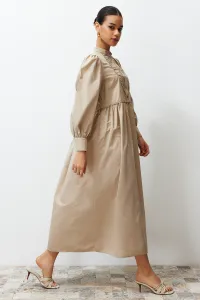 Trendyol Mink High Neck Balloon Sleeve Button and Piping Detailed Woven Dress