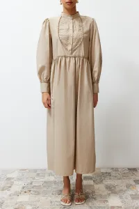 Trendyol Mink High Neck Balloon Sleeve Button and Piping Detailed Woven Dress