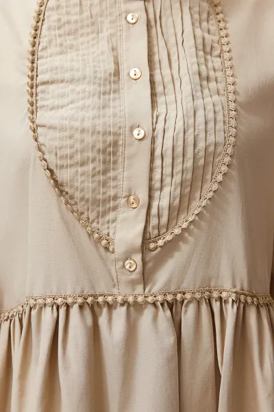 Trendyol Mink High Neck Balloon Sleeve Button and Piping Detailed Woven Dress