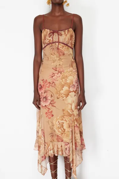 Trendyol Multicolored A-Line Floral Patterned Ruffle Knitted Tulle Dress