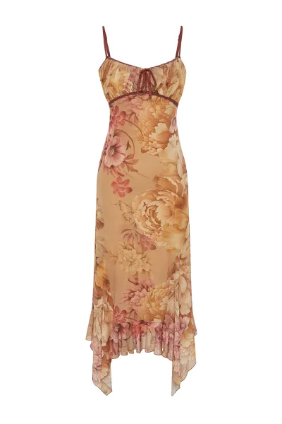 Trendyol Multicolored A-Line Floral Patterned Ruffle Knitted Tulle Dress