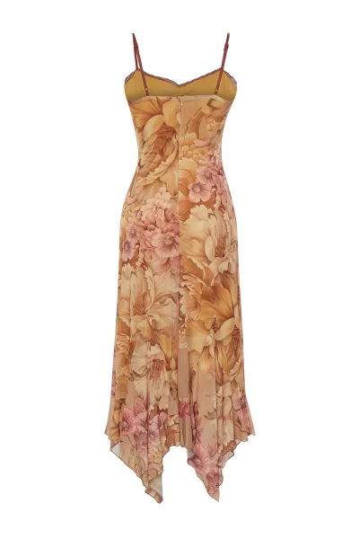 Trendyol Multicolored A-Line Floral Patterned Ruffle Knitted Tulle Dress