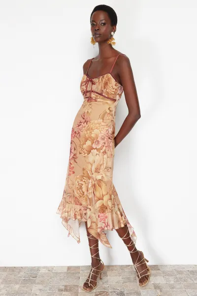 Trendyol Multicolored A-Line Floral Patterned Ruffle Knitted Tulle Dress