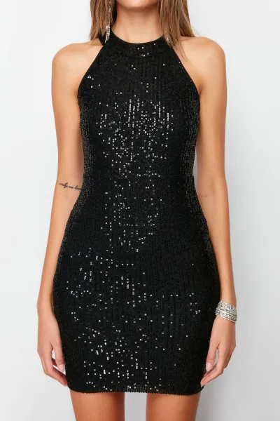 Trendyol Black Fitted Knitted Sequin Short Elegant Evening Dress