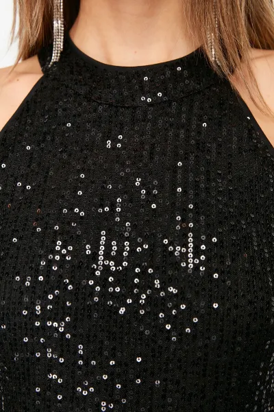 Trendyol Black Fitted Knitted Sequin Short Elegant Evening Dress