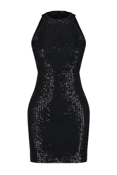 Trendyol Black Fitted Knitted Sequin Short Elegant Evening Dress