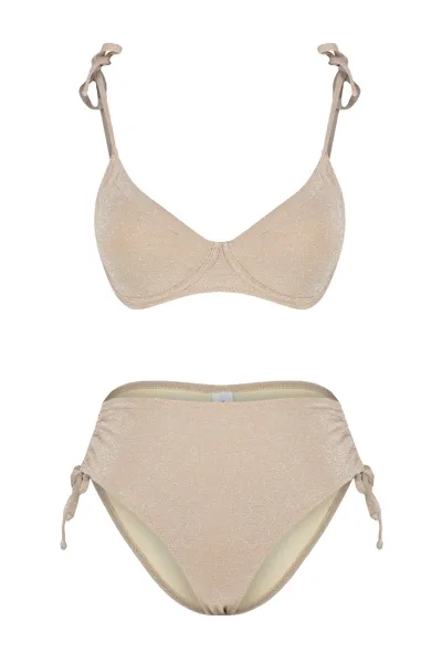 Trendyol Mink Balconette Tie-Up Silvery High Waist Hipster Bikini Set