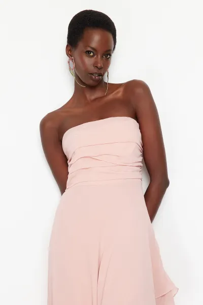 Trendyol Powder A-Cut Asymmetrical Lined Woven Long Evening Dress