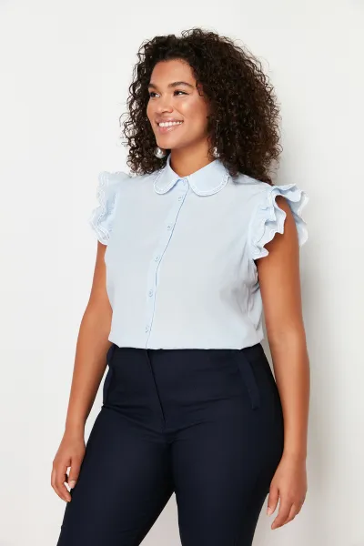 Trendyol Curve Blue Shoulder and Collar Embroidery Detail Woven Shirt