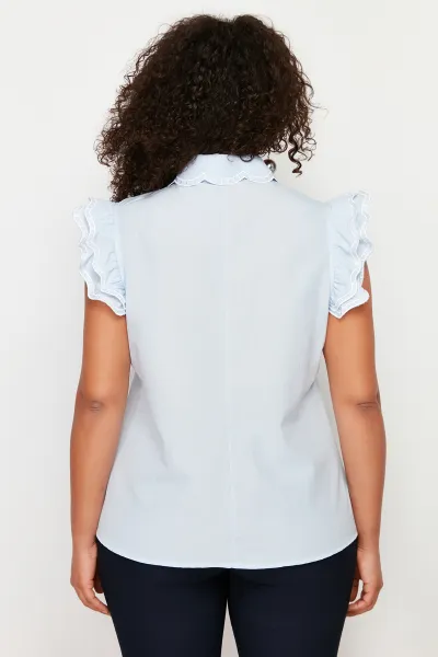 Trendyol Curve Blue Shoulder and Collar Embroidery Detail Woven Shirt