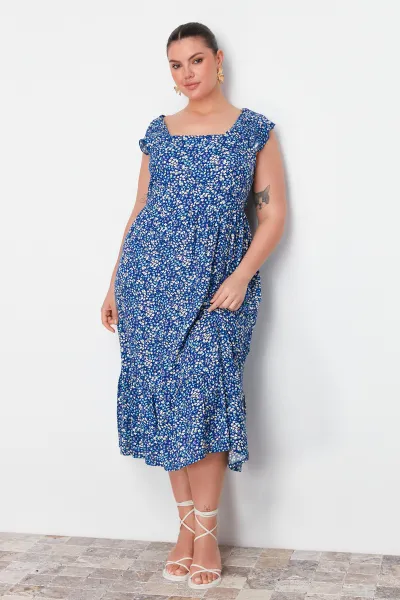Trendyol Curve Navy Blue A-Line Midi Ruffled Floral Patterned Woven Dress