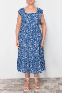 Trendyol Curve Navy Blue A-Line Midi Ruffled Floral Patterned Woven Dress