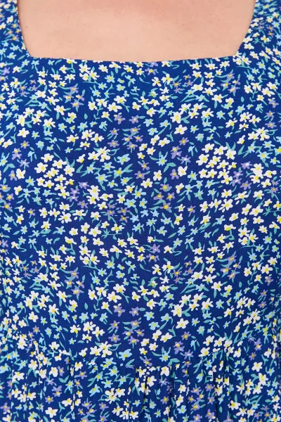 Trendyol Curve Navy Blue A-Line Midi Ruffled Floral Patterned Woven Dress