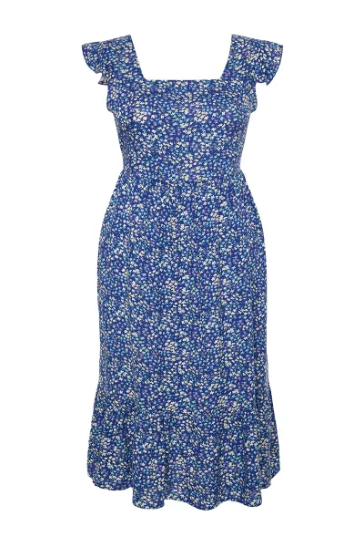 Trendyol Curve Navy Blue A-Line Midi Ruffled Floral Patterned Woven Dress